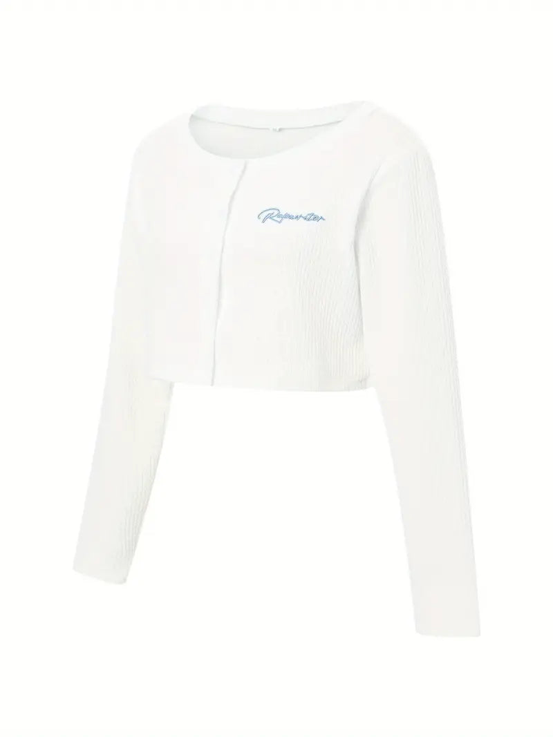 Women's Elegant Cream Knit Crop Top - Long Sleeve, Button, Scoop Neck with Delicate Letter Pattern, Ribbed Hem & Cuffs, Knit for Fall/Winter, Winter Clothing | Ribbed Texture Top | Knit Shirt