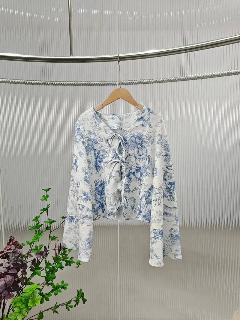 Frog Button Front Tang Top, Chinese Style Long Sleeve Crop Top for Spring & Fall, Women'S Clothing