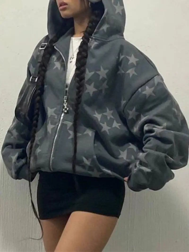 Women'S Hooded Cardigan Jacket - Loose Fit Zip-Up Sweater Coat, Grey & White Star Pattern, Fall Outerwear for Everyday & Formal Outfits, Seasonal Fashion, Trendy Design, Quality Stitching, Stylish Coat, Streetwear Lovers
