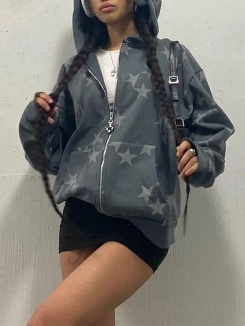 Women'S Hooded Cardigan Jacket - Loose Fit Zip-Up Sweater Coat, Grey & White Star Pattern, Fall Outerwear for Everyday & Formal Outfits, Seasonal Fashion, Trendy Design, Quality Stitching, Stylish Coat, Streetwear Lovers