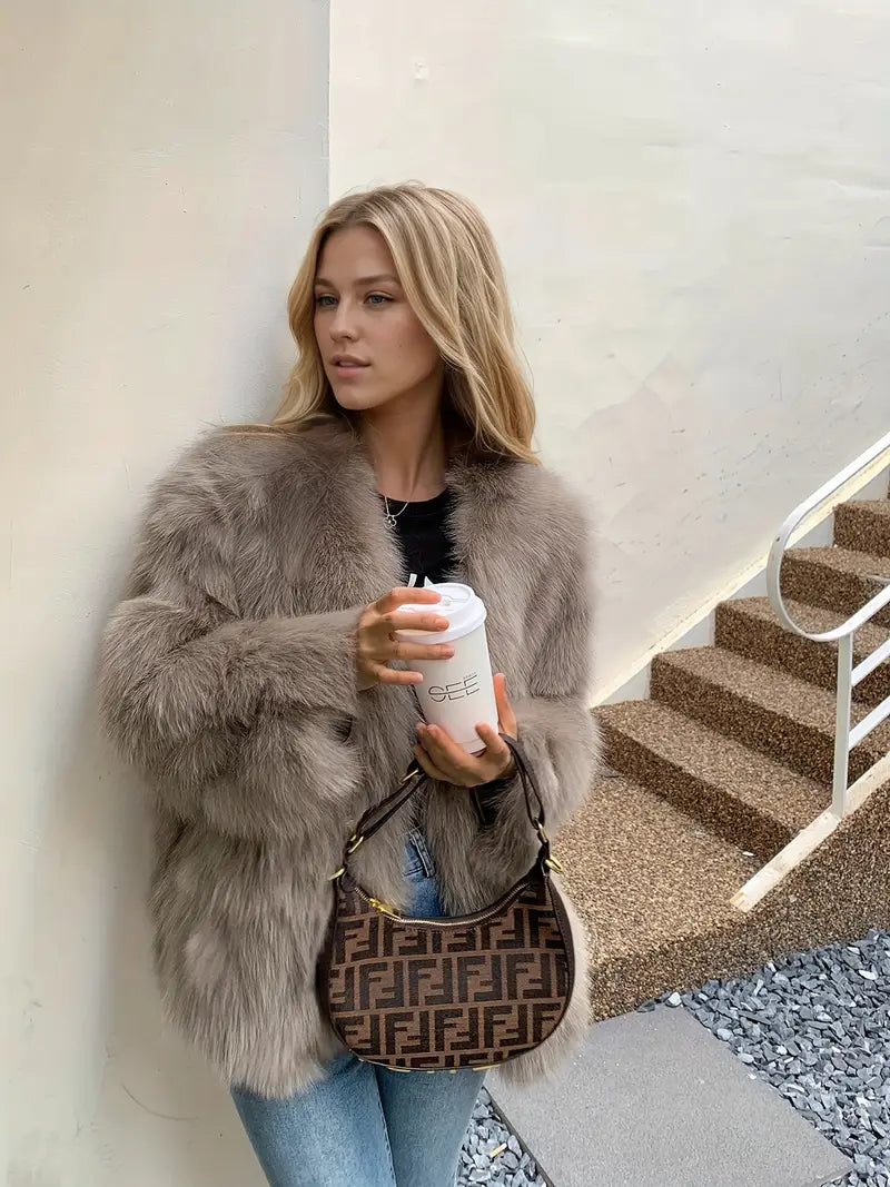 Women's Elegant Luxury Winter Coat - Thick H-Line Silhouette Oversized Outerwear with V-Neck & Faux Fur Collar, Soft Warm Long Sleeve Cold-Proof Coat for Fall/Winter, Casual & Formal Events