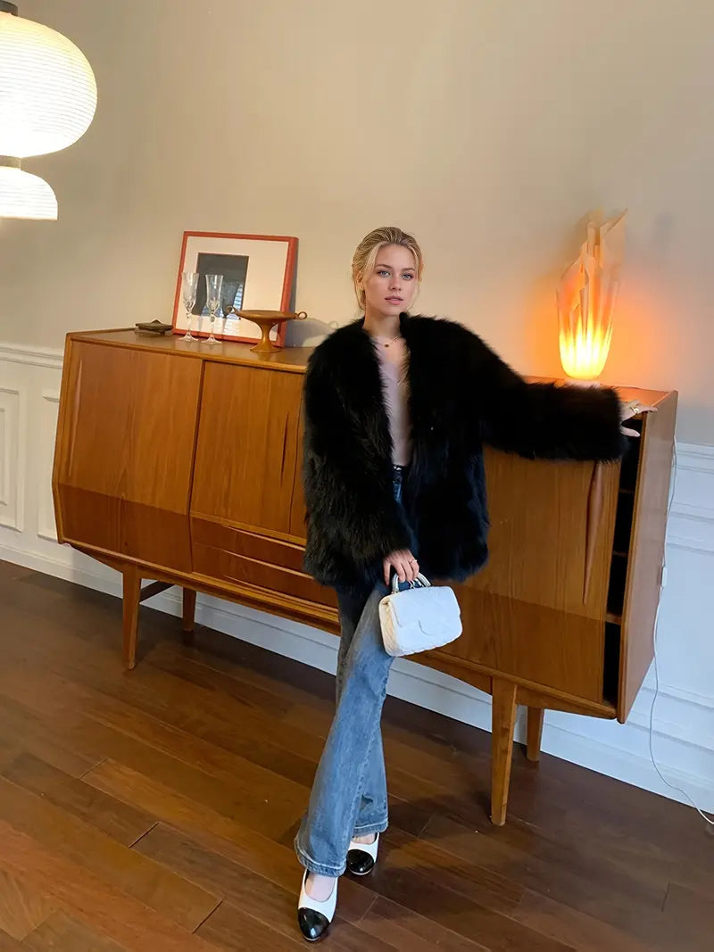 Women's Elegant Luxury Winter Coat - Thick H-Line Silhouette Oversized Outerwear with V-Neck & Faux Fur Collar, Soft Warm Long Sleeve Cold-Proof Coat for Fall/Winter, Casual & Formal Events