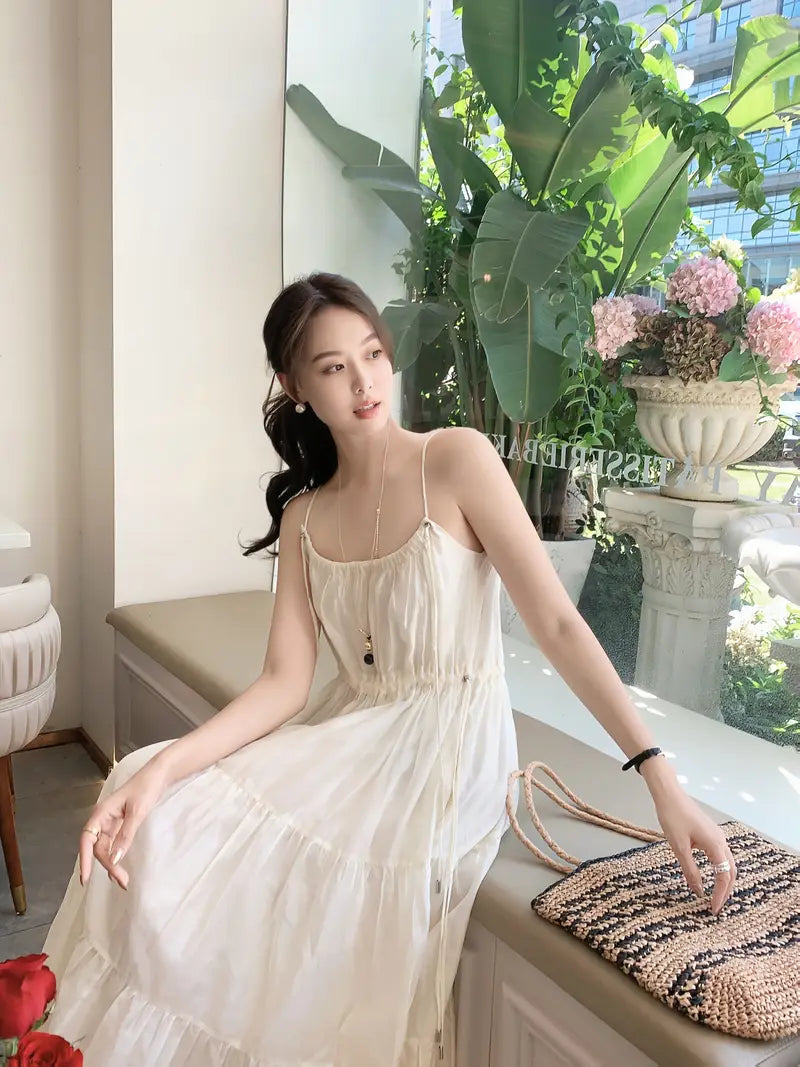 Summer Breeze Off-Shoulder Pleated Midi Dress - French Lyocell Design, Lightweight & Flowing A-Line Cut, Perfect for Vacation or Casual Outings, Beach Attire | Flowy Fabric, Beach Dress