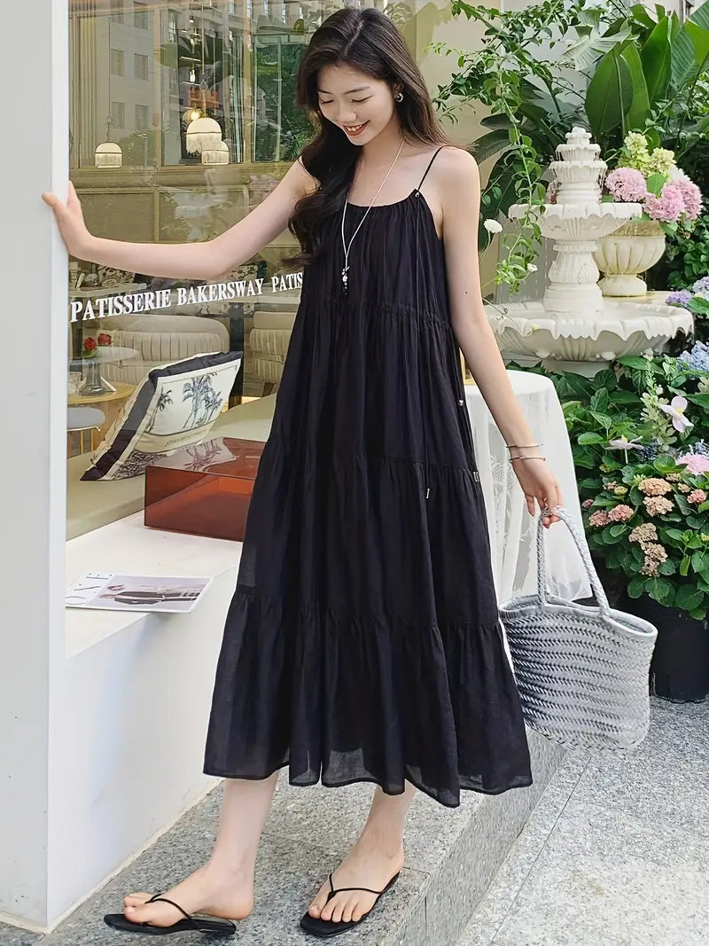 Summer Breeze Off-Shoulder Pleated Midi Dress - French Lyocell Design, Lightweight & Flowing A-Line Cut, Perfect for Vacation or Casual Outings, Beach Attire | Flowy Fabric, Beach Dress