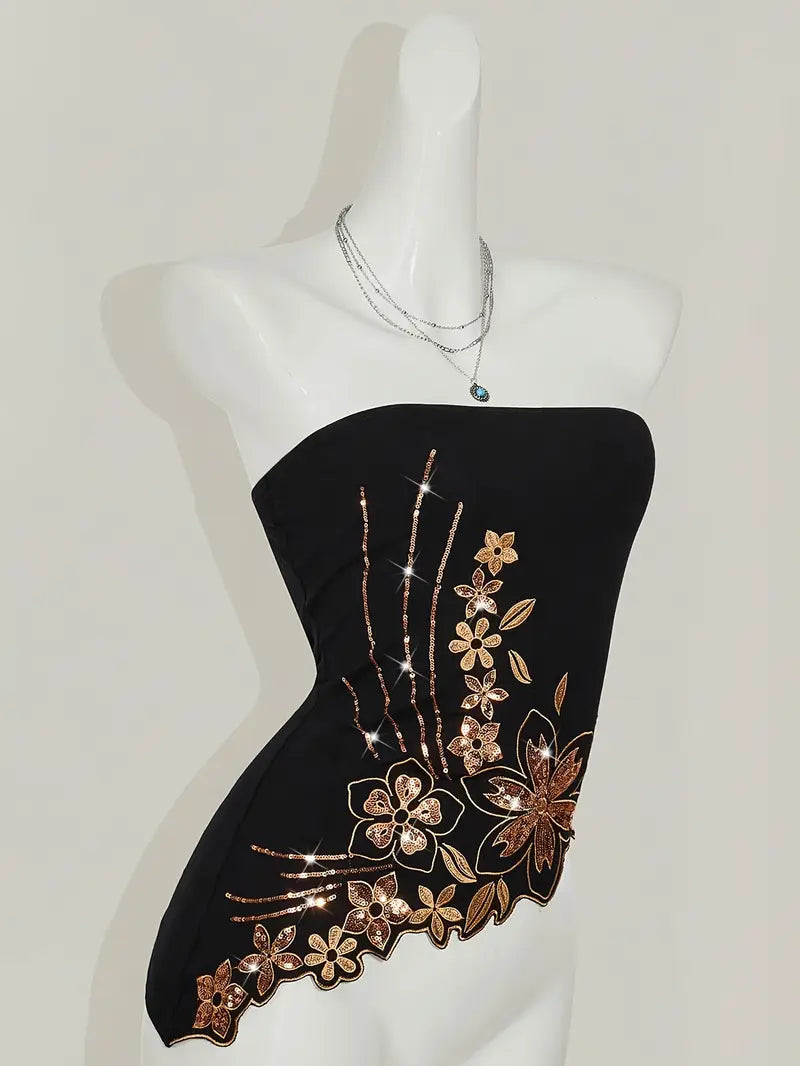 Y2K-Inspired Women'S Bohemian Sequin Embroidered Crop Top - Black Asymmetrical Hem, Strapless, Glittery Beaded Detail, Perfect for Summer Outings