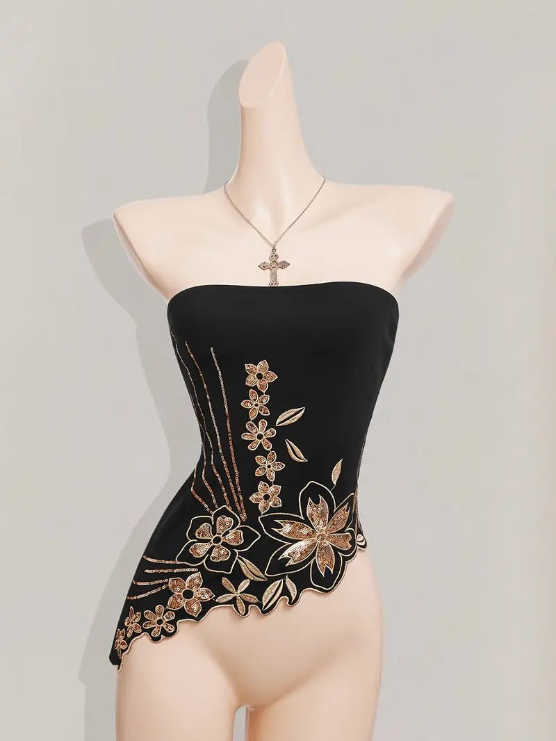 Y2K-Inspired Women'S Bohemian Sequin Embroidered Crop Top - Black Asymmetrical Hem, Strapless, Glittery Beaded Detail, Perfect for Summer Outings