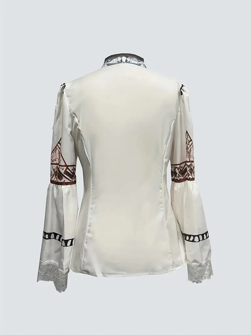 Women's Elegant Retro Western Lace Trim Bell Sleeve Blouse with V-Shaped Floral Print - Stand Collar Slim Fit Polyester Top for Casual & Festive Occasions, Spring Summer Fall, Floral Print Blouse, Seasonal Fashion, Stylish Craftsmanship