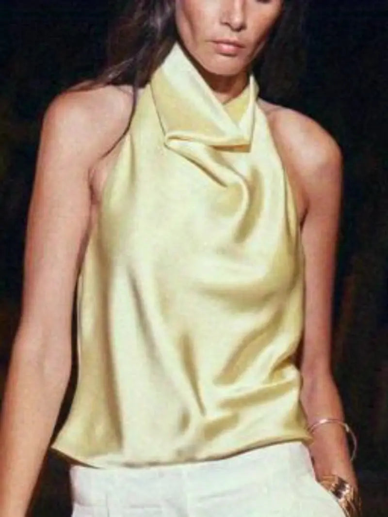 Women's Elegant Summer Halter Neck Open Back Satin Tank Top - Sleeveless Solid Color Regular Fit Machine Washable Versatile Casual & Formal Wear