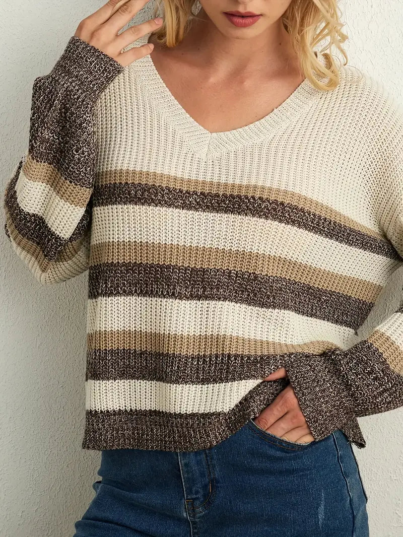 Autumn-Winter V-Neck Color Block Striped Elegant Women's Sweater, High-Quality Casual Style for Outdoor and Party Wear, Simple Fashion with Jeans Skirts