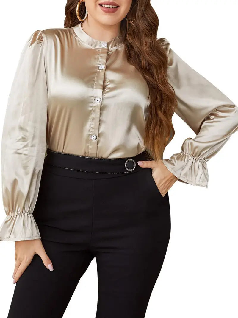Plus Size - Women'S Spring Autumn Casual Tops Long Sleeve Round Neck Solid Color Button Up Satin Shirt