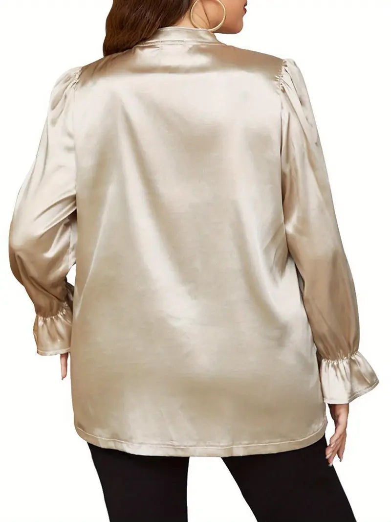 Plus Size - Women'S Spring Autumn Casual Tops Long Sleeve Round Neck Solid Color Button Up Satin Shirt