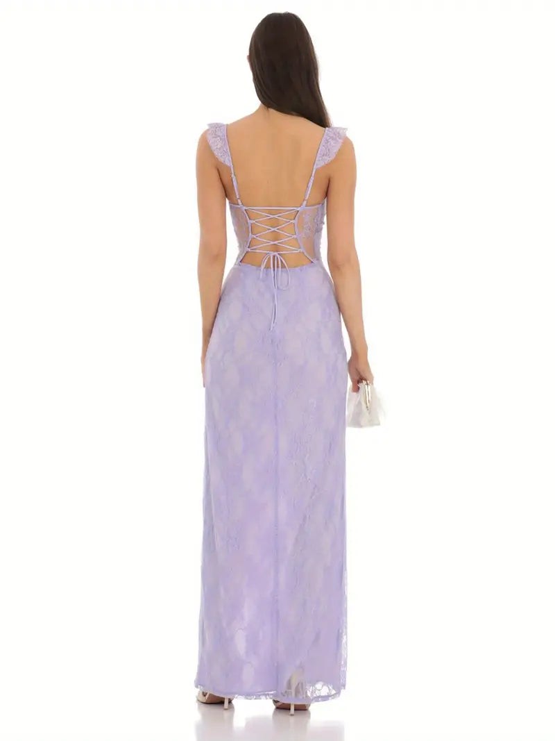 Elegant Lace Maxi Dress for Women - Slim Fit with Sweetheart Neckline, Ruffled Sleeves & Tie-Back Detail, High Slit Backless Design - Perfect for Spring/Summer Events