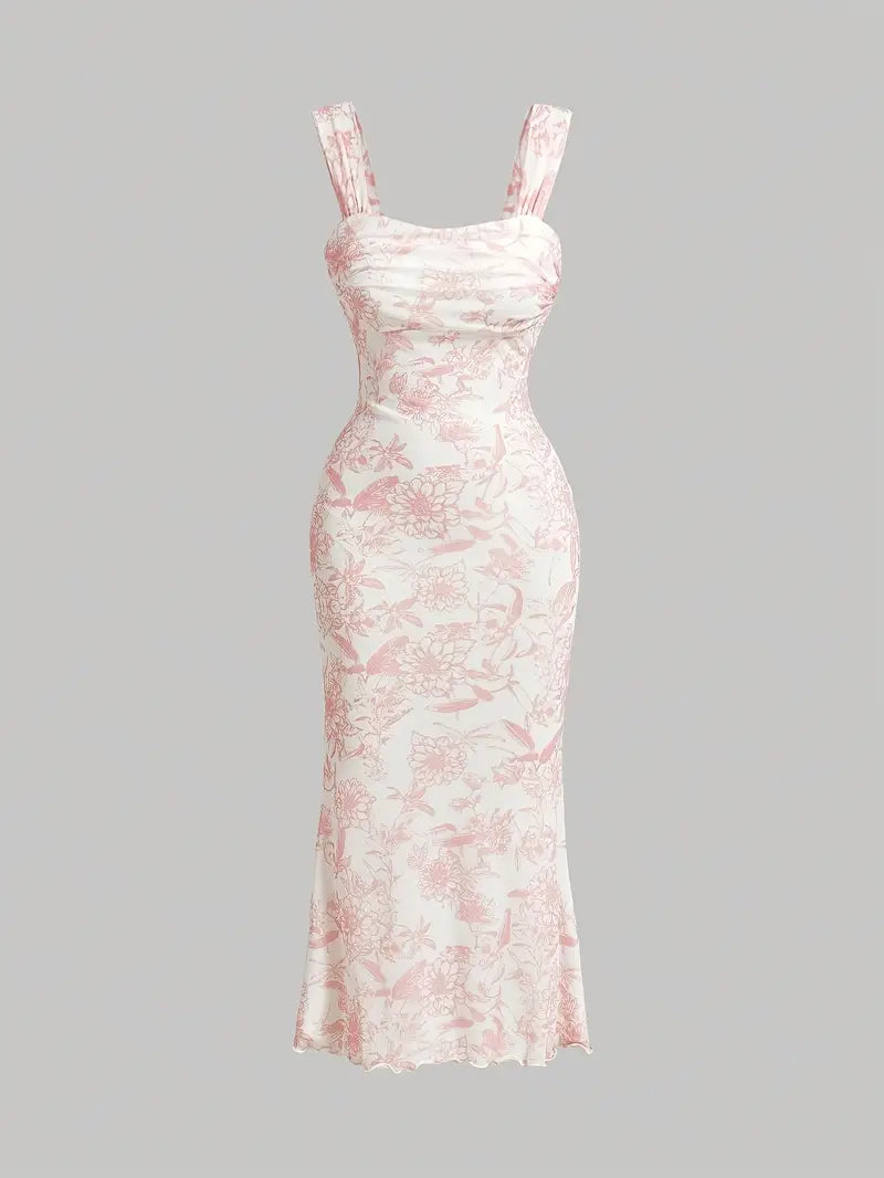 Elegant Floral Print Double Layer Maxi Dress with Popover Detail - Sleeveless, Ruched Bodice, Flowing Design for Spring/Summer, Pink Floral Pattern, Perfect for Vacation or Casual Outings, Elegant Attire | Floral pattern Dress | Popover Detailin