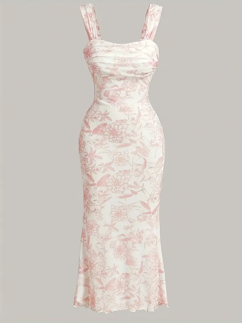 Elegant Floral Print Double Layer Maxi Dress with Popover Detail - Sleeveless, Ruched Bodice, Flowing Design for Spring/Summer, Pink Floral Pattern, Perfect for Vacation or Casual Outings, Elegant Attire | Floral pattern Dress | Popover Detailin