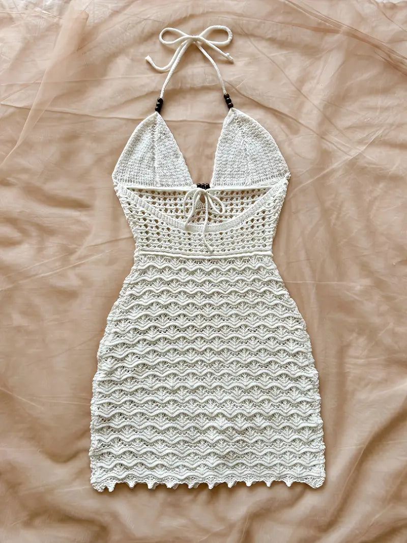 Women's Sexy Summer Halter Neck Backless Beach Dress - Semi-Sheer Lace Panel Adjustable Tie Front & High-Low Hem, Lightweight Solid Color Swimsuit Cover-Up for Poolside, Vacation, Casual Outings, Poolside Apparel, Elegant Simplicity