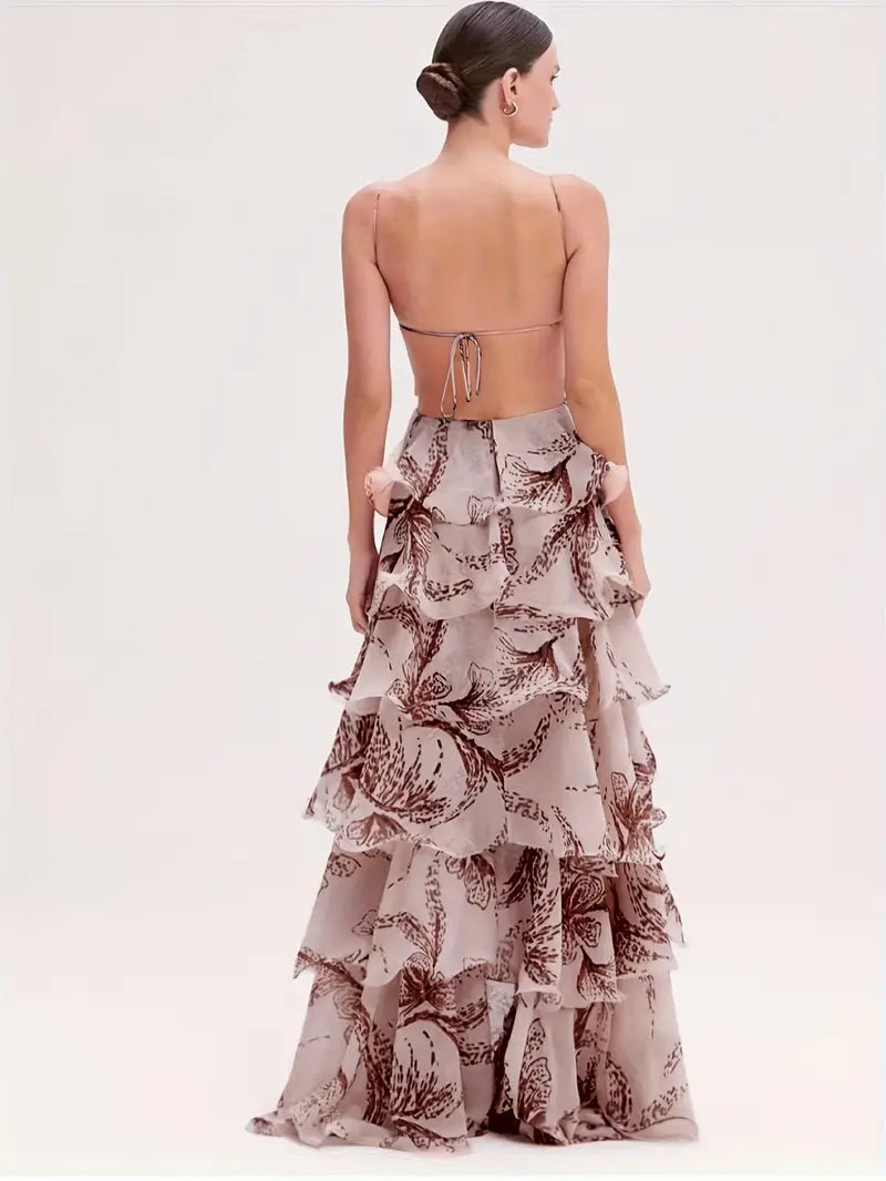 Women'S Elegant Maxi Dress with Multi-Layered Ruffled Hem & Butterfly Skirt - A-Line Silhouette, Short Sleeve Round Neck, Loose Fit Long Flowing Dress in Soft Pink & Brown