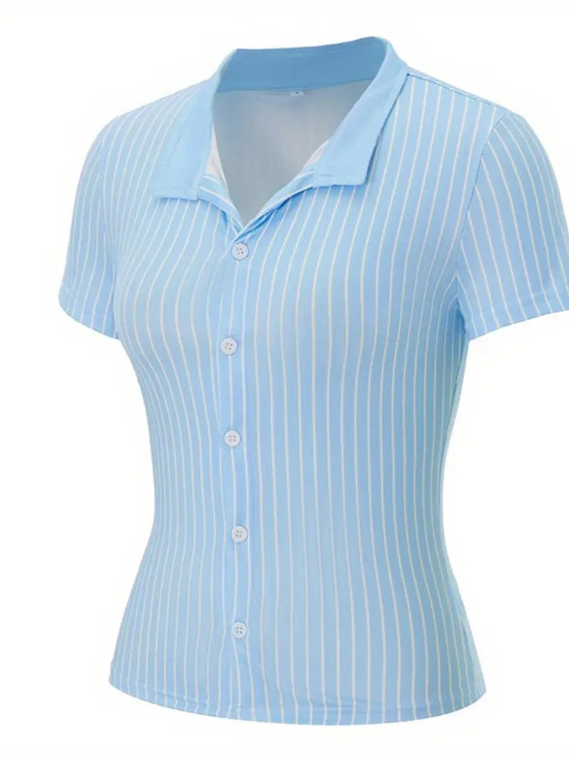 Chic Light Blue Striped V-Neck Blouse for Women - Short Sleeve, Button, Casual Business Style, Breathable Polyester, Machine Washable, Perfect for Summer