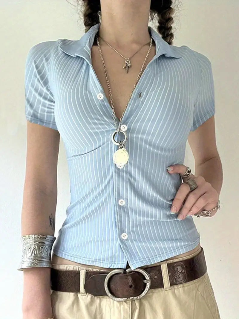 Chic Light Blue Striped V-Neck Blouse for Women - Short Sleeve, Button, Casual Business Style, Breathable Polyester, Machine Washable, Perfect for Summer