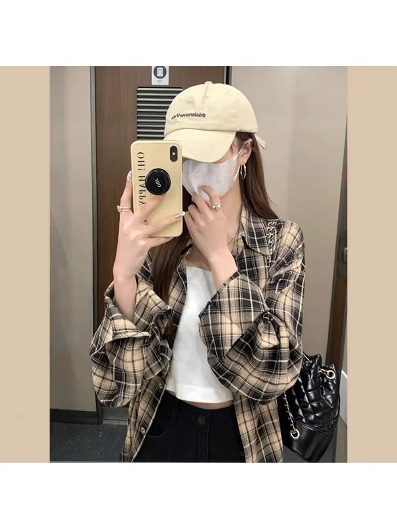 Women'S Lightweight Plaid Shirt Jacket - All-Season Long Sleeve Blouse with Collar, Elegant Beige/Brown/Black/White/Gray Trench Coat for Casual & Formal Outfits