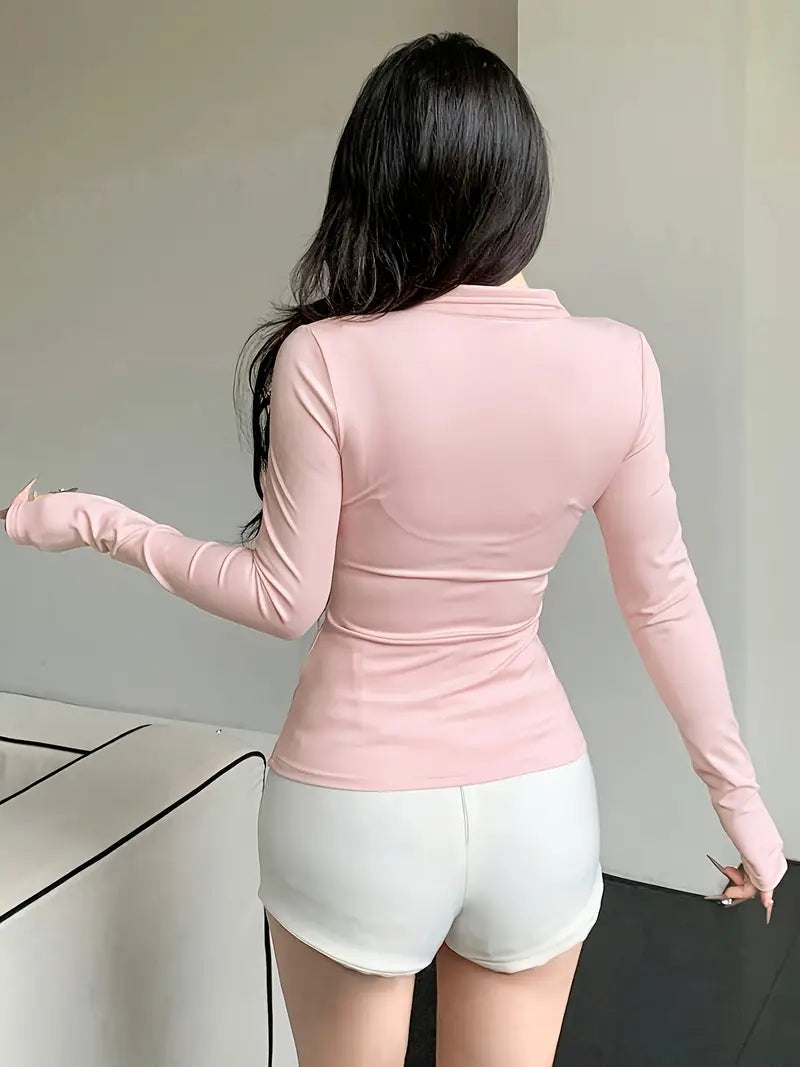 Y2K Style Women's Long Sleeve Zip-Up Jacket - Soft Pink Solid Color, Stand-Up Collar, Full-Zip Front, Lightweight & Versatile All-Season Outerwear