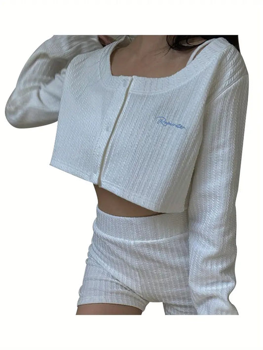 Women's Elegant Cream Knit Crop Top - Long Sleeve, Button, Scoop Neck with Delicate Letter Pattern, Ribbed Hem & Cuffs, Knit for Fall/Winter, Winter Clothing | Ribbed Texture Top | Knit Shirt
