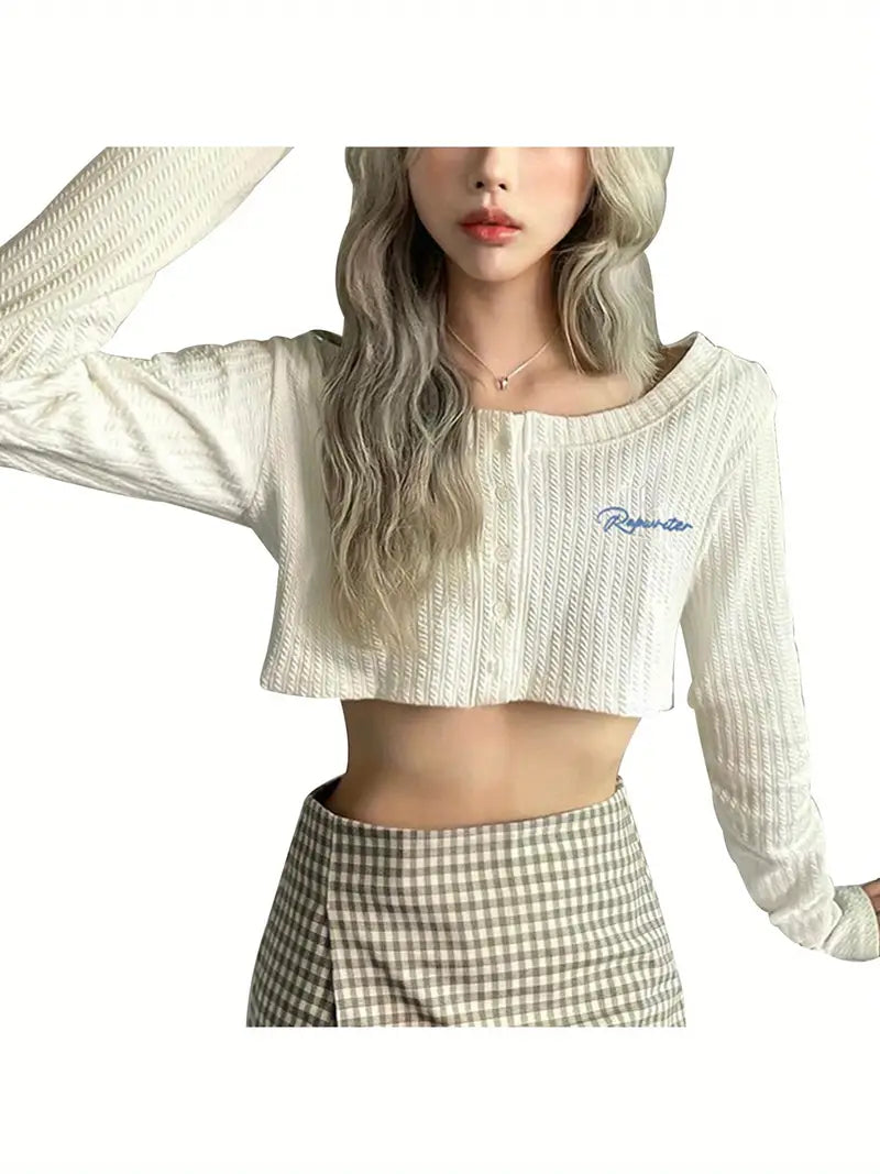 Women's Elegant Cream Knit Crop Top - Long Sleeve, Button, Scoop Neck with Delicate Letter Pattern, Ribbed Hem & Cuffs, Knit for Fall/Winter, Winter Clothing | Ribbed Texture Top | Knit Shirt