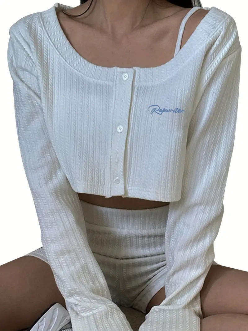 Women's Elegant Cream Knit Crop Top - Long Sleeve, Button, Scoop Neck with Delicate Letter Pattern, Ribbed Hem & Cuffs, Knit for Fall/Winter, Winter Clothing | Ribbed Texture Top | Knit Shirt