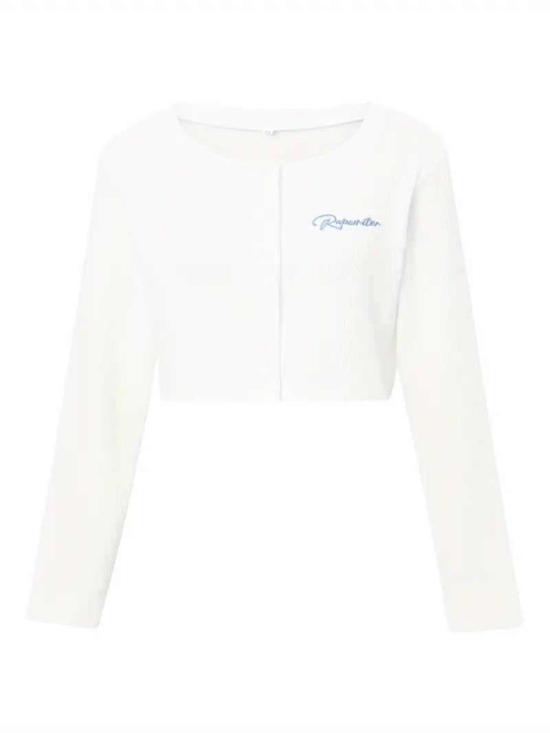 Women's Elegant Cream Knit Crop Top - Long Sleeve, Button, Scoop Neck with Delicate Letter Pattern, Ribbed Hem & Cuffs, Knit for Fall/Winter, Winter Clothing | Ribbed Texture Top | Knit Shirt