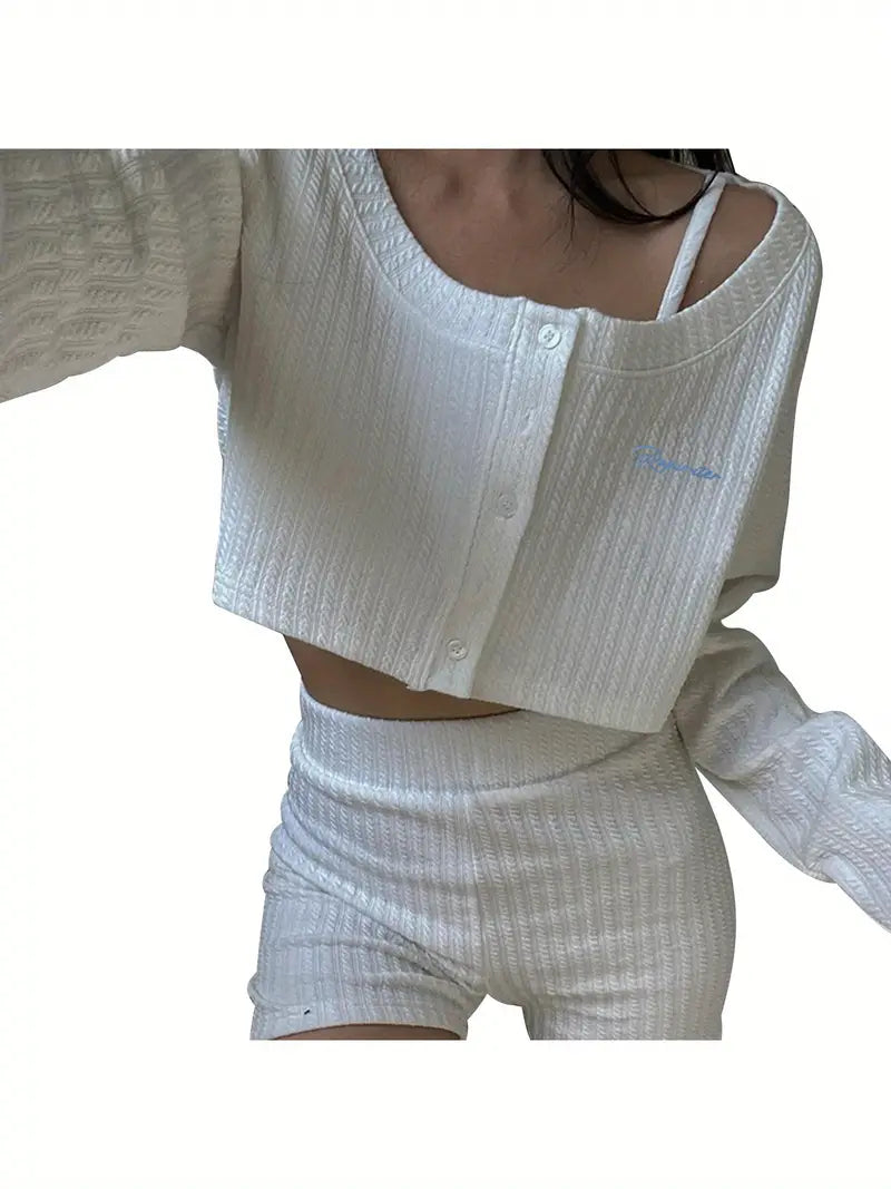 Women's Elegant Cream Knit Crop Top - Long Sleeve, Button, Scoop Neck with Delicate Letter Pattern, Ribbed Hem & Cuffs, Knit for Fall/Winter, Winter Clothing | Ribbed Texture Top | Knit Shirt