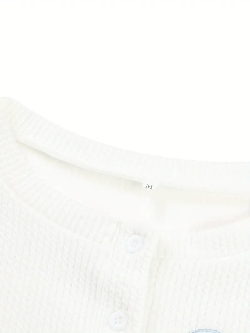Women's Elegant Cream Knit Crop Top - Long Sleeve, Button, Scoop Neck with Delicate Letter Pattern, Ribbed Hem & Cuffs, Knit for Fall/Winter, Winter Clothing | Ribbed Texture Top | Knit Shirt