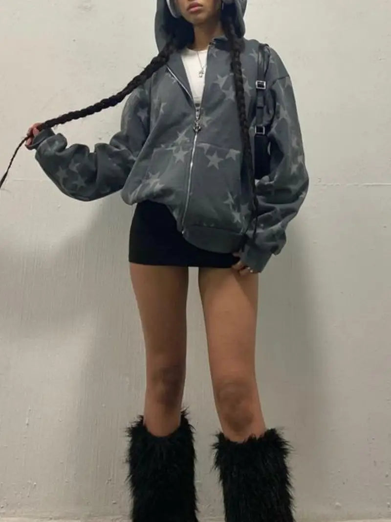 Women'S Hooded Cardigan Jacket - Loose Fit Zip-Up Sweater Coat, Grey & White Star Pattern, Fall Outerwear for Everyday & Formal Outfits, Seasonal Fashion, Trendy Design, Quality Stitching, Stylish Coat, Streetwear Lovers