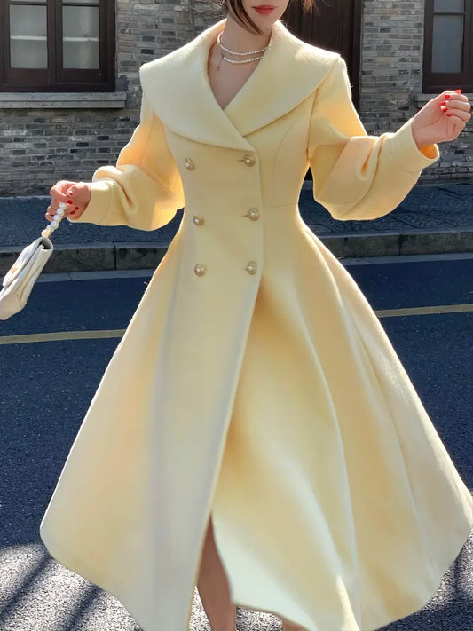 Women'S Vintage-Inspired Oversized Lapel Collar Fleece Coat - Beige Long Trench Jacket with A-Line Silhouette, Double-Breasted Front & Bell Sleeves, Pale Yellow Winter Outerwear for Casual & Social Occasions
