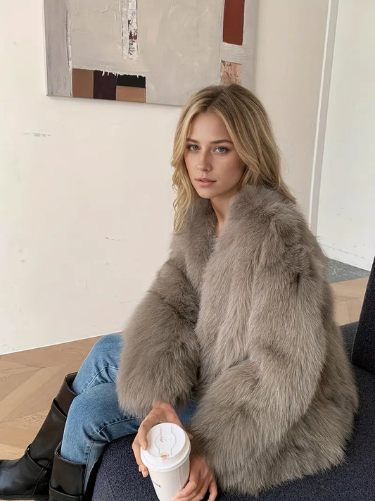 Women's Elegant Luxury Winter Coat - Thick H-Line Silhouette Oversized Outerwear with V-Neck & Faux Fur Collar, Soft Warm Long Sleeve Cold-Proof Coat for Fall/Winter, Casual & Formal Events