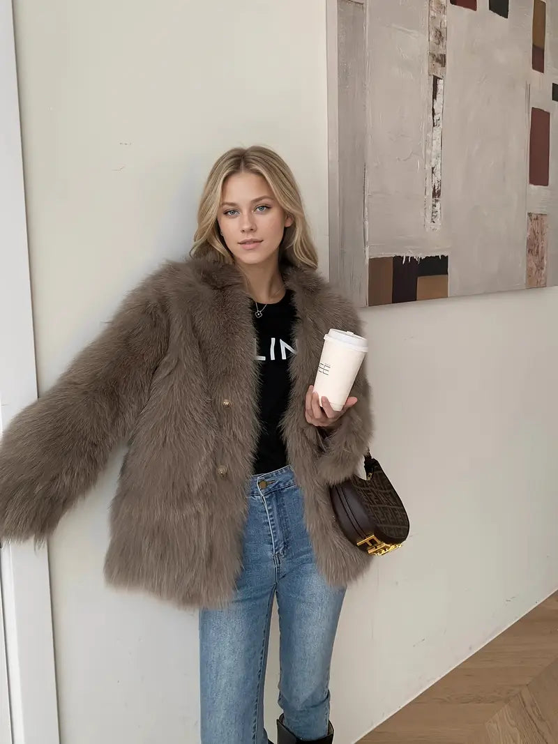 Women's Elegant Luxury Winter Coat - Thick H-Line Silhouette Oversized Outerwear with V-Neck & Faux Fur Collar, Soft Warm Long Sleeve Cold-Proof Coat for Fall/Winter, Casual & Formal Events