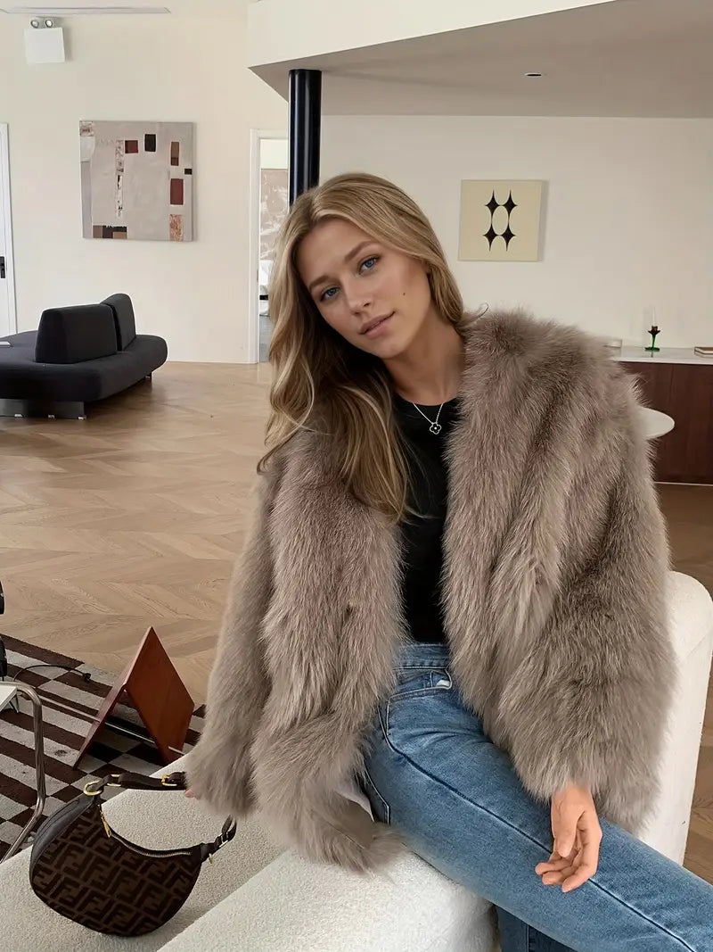 Women's Elegant Luxury Winter Coat - Thick H-Line Silhouette Oversized Outerwear with V-Neck & Faux Fur Collar, Soft Warm Long Sleeve Cold-Proof Coat for Fall/Winter, Casual & Formal Events