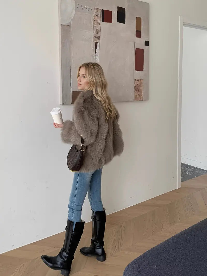 Women's Elegant Luxury Winter Coat - Thick H-Line Silhouette Oversized Outerwear with V-Neck & Faux Fur Collar, Soft Warm Long Sleeve Cold-Proof Coat for Fall/Winter, Casual & Formal Events