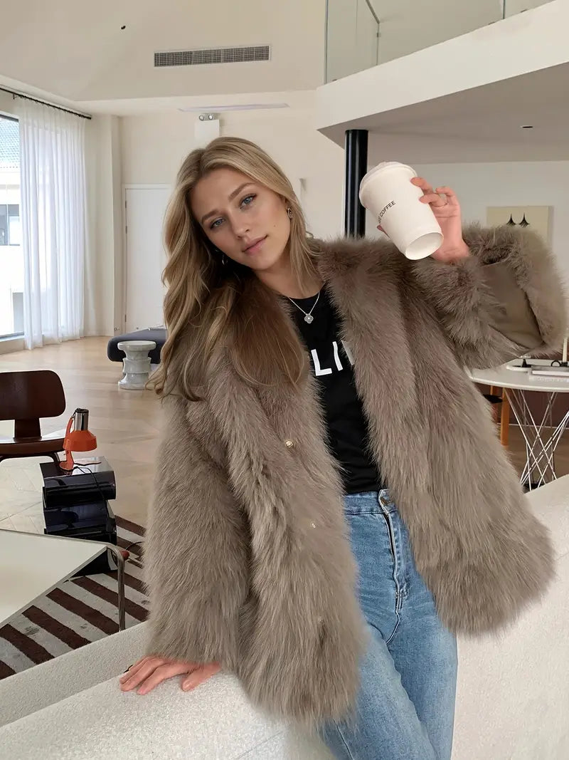 Women's Elegant Luxury Winter Coat - Thick H-Line Silhouette Oversized Outerwear with V-Neck & Faux Fur Collar, Soft Warm Long Sleeve Cold-Proof Coat for Fall/Winter, Casual & Formal Events