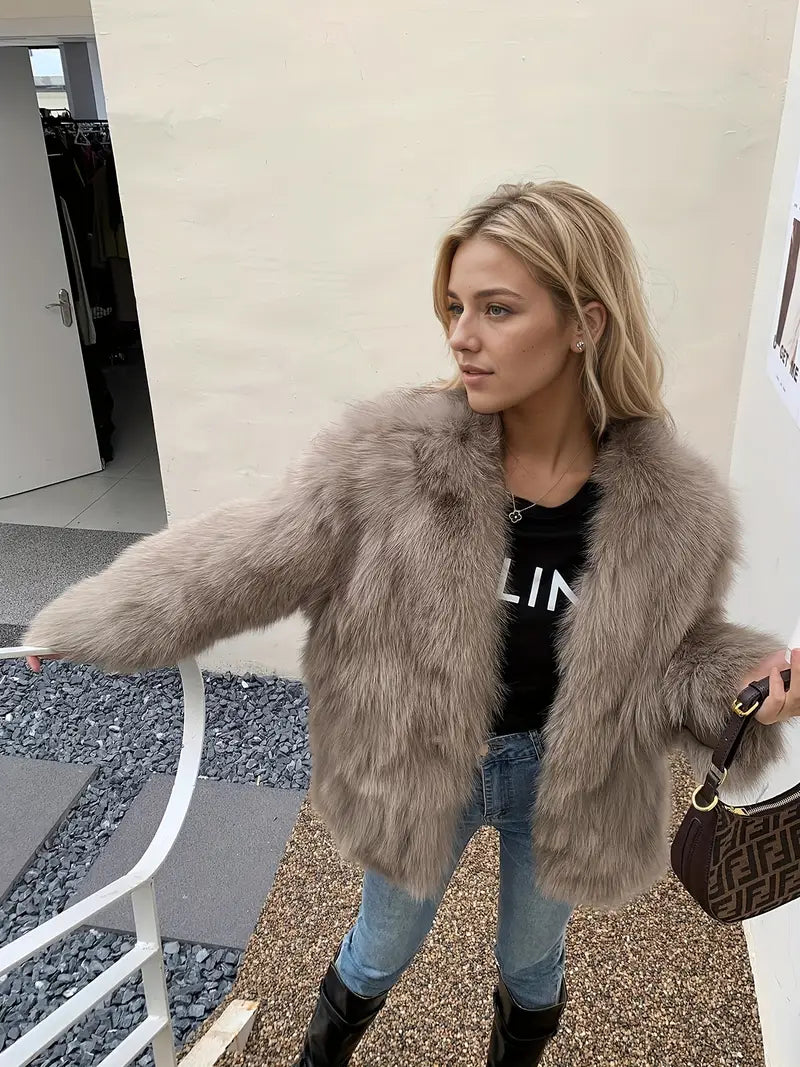 Women's Elegant Luxury Winter Coat - Thick H-Line Silhouette Oversized Outerwear with V-Neck & Faux Fur Collar, Soft Warm Long Sleeve Cold-Proof Coat for Fall/Winter, Casual & Formal Events