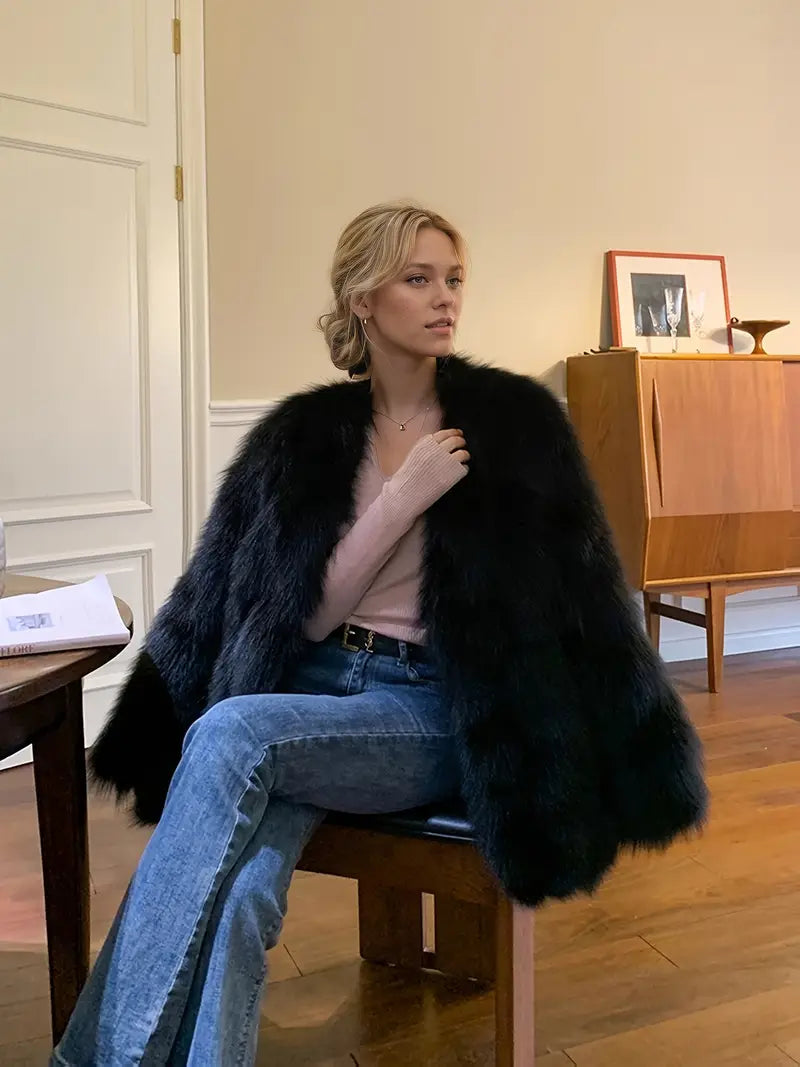 Women's Elegant Luxury Winter Coat - Thick H-Line Silhouette Oversized Outerwear with V-Neck & Faux Fur Collar, Soft Warm Long Sleeve Cold-Proof Coat for Fall/Winter, Casual & Formal Events