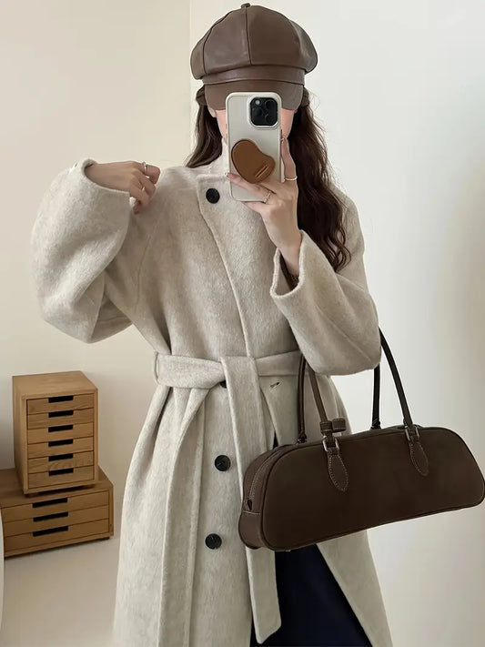 Women's Elegant Winter Coat - Beige Longline Trench Coat with Button Detailing, Double Breasted Front & Plaid-Like Texture, Dry Clean Only for Casual to Formal Outfits