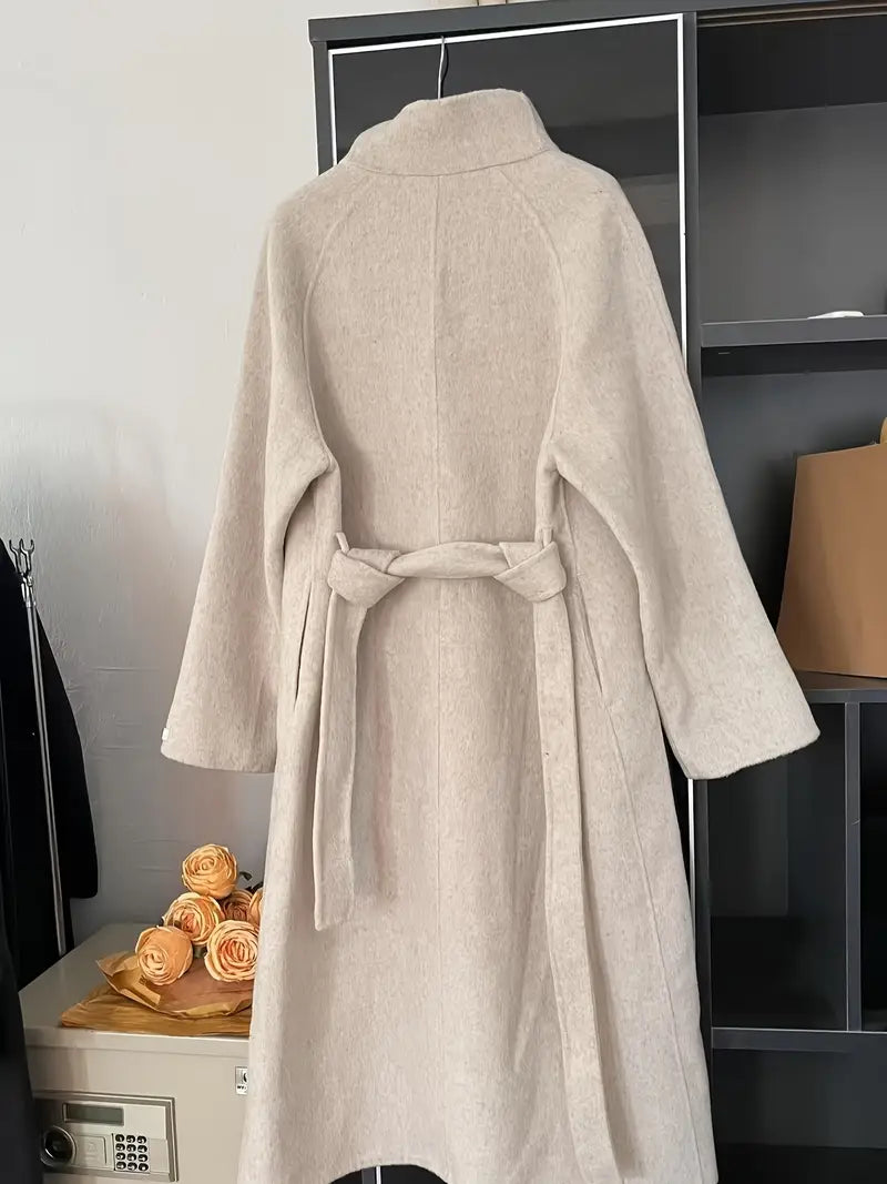 Women's Elegant Winter Coat - Beige Longline Trench Coat with Button Detailing, Double Breasted Front & Plaid-Like Texture, Dry Clean Only for Casual to Formal Outfits