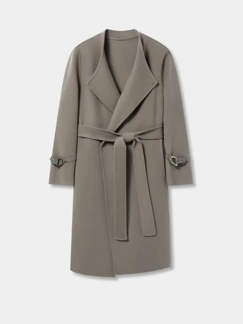 Wrap Belted Lapel Coat, Elegant Solid Long Sleeve Longline Coat For Fall & Winter, Women's Clothing