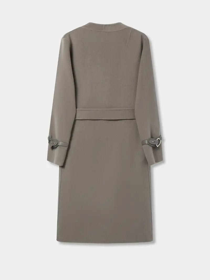 Wrap Belted Lapel Coat, Elegant Solid Long Sleeve Longline Coat For Fall & Winter, Women's Clothing