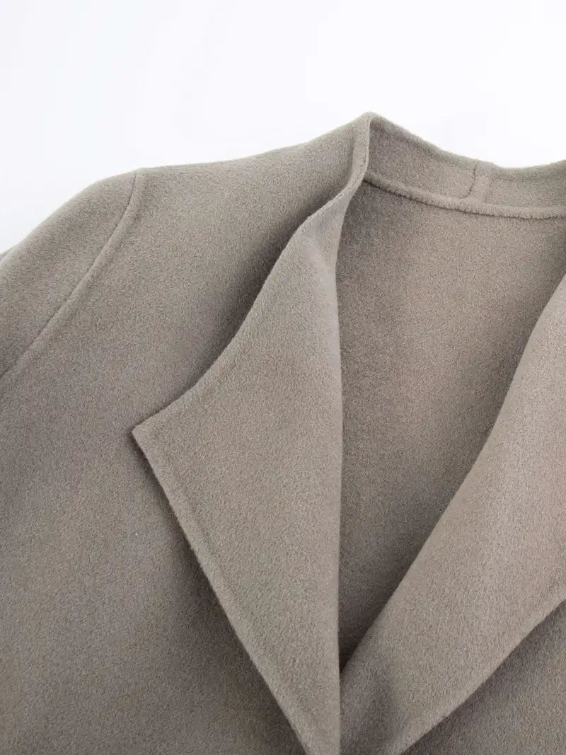Wrap Belted Lapel Coat, Elegant Solid Long Sleeve Longline Coat For Fall & Winter, Women's Clothing