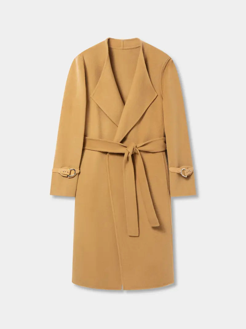 Wrap Belted Lapel Coat, Elegant Solid Long Sleeve Longline Coat For Fall & Winter, Women's Clothing