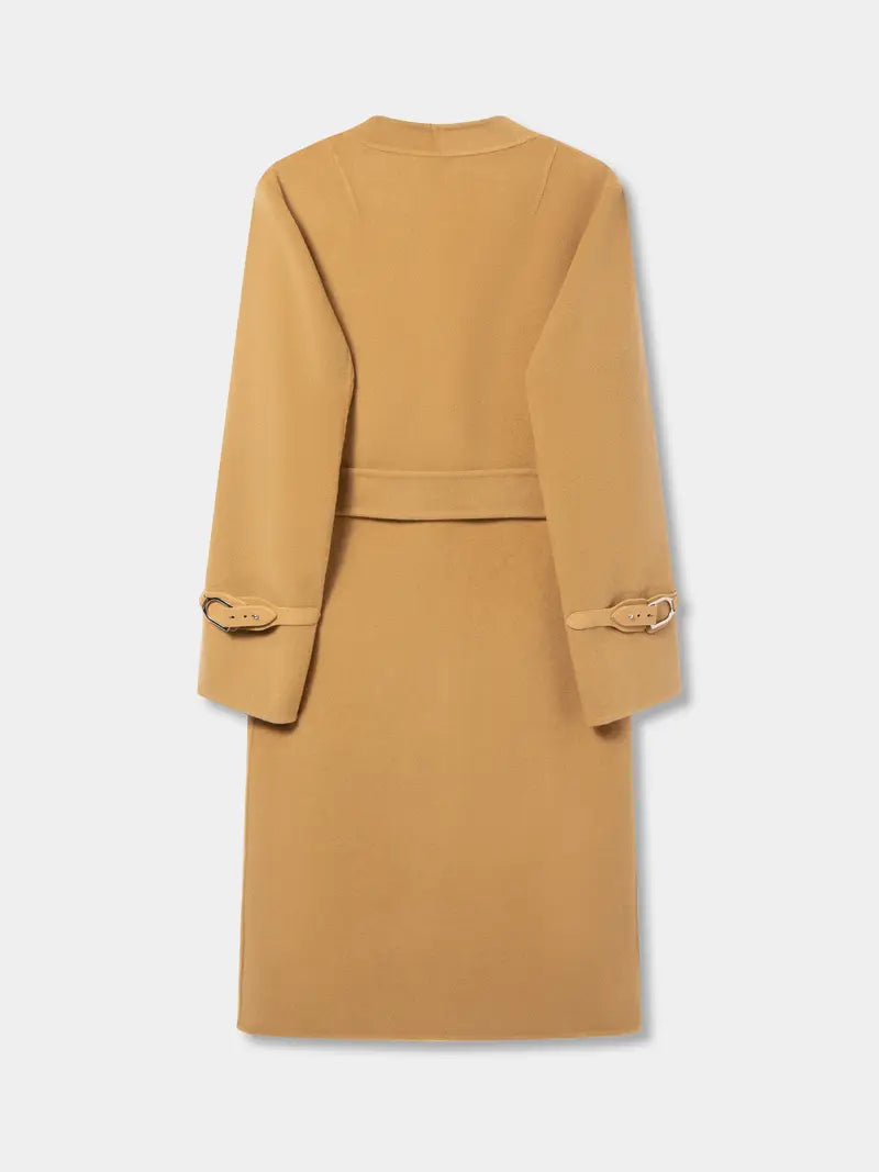 Wrap Belted Lapel Coat, Elegant Solid Long Sleeve Longline Coat For Fall & Winter, Women's Clothing