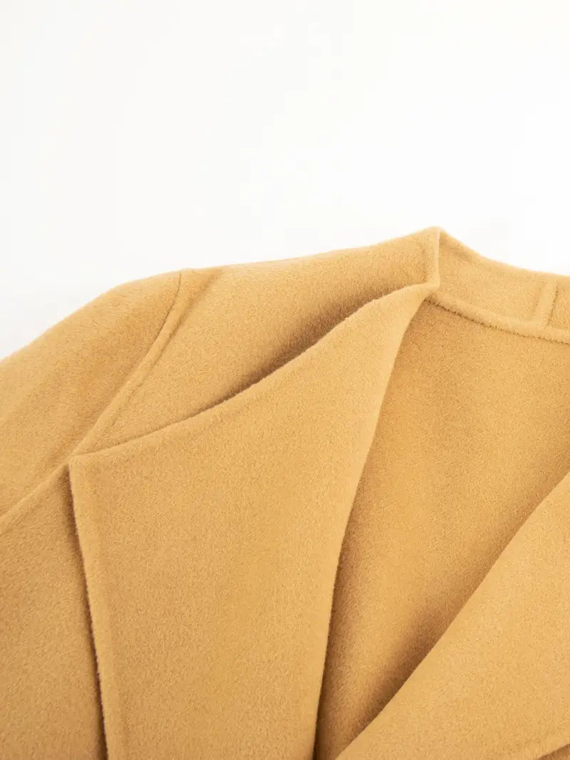 Wrap Belted Lapel Coat, Elegant Solid Long Sleeve Longline Coat For Fall & Winter, Women's Clothing