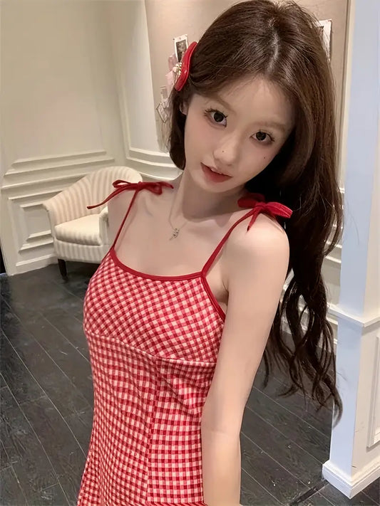 Women's Sweet Red & White Gingham Check A-Line Dress with Spaghetti Strap - Short to Mid-Length Flared Skirt, Round Neck Casual Summer Dress for Teens & Women, Machine Washable Outfit for Birthdays, Picnics & Casual Attire