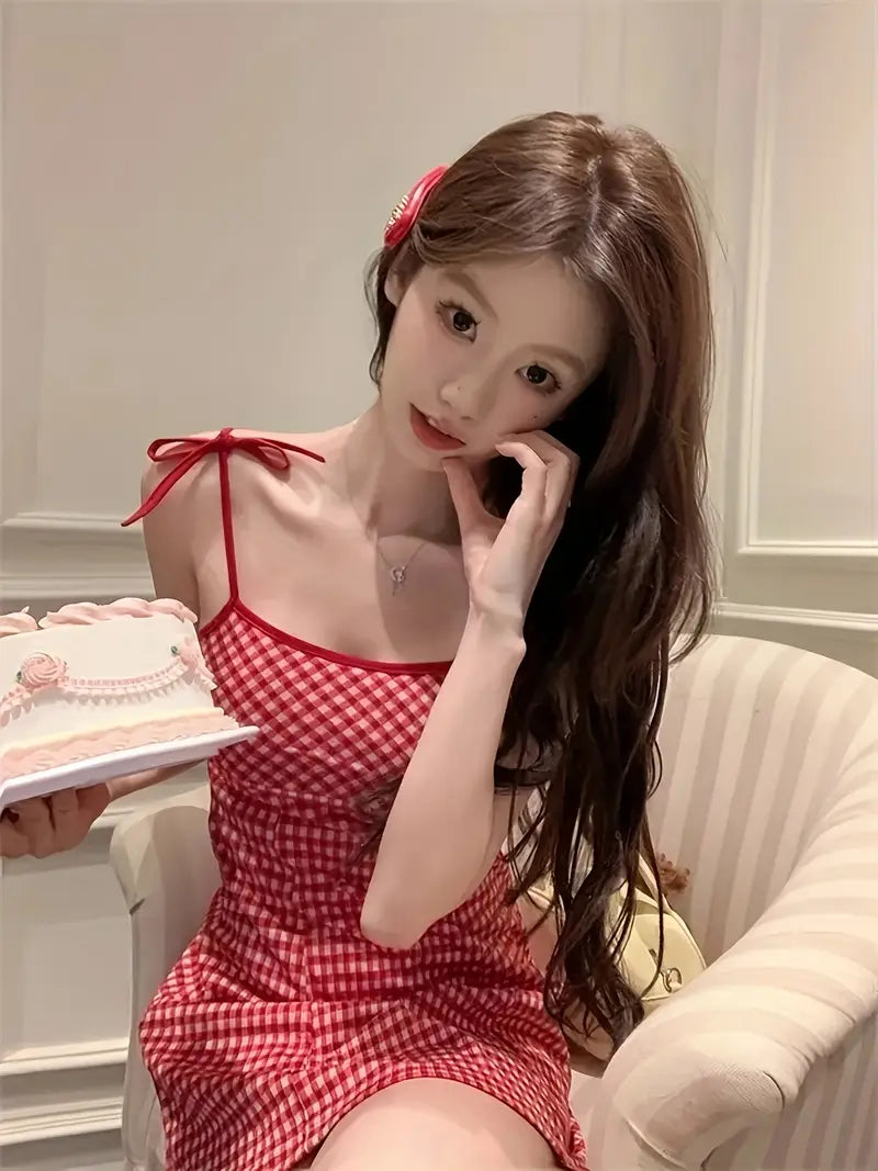 Women's Sweet Red & White Gingham Check A-Line Dress with Spaghetti Strap - Short to Mid-Length Flared Skirt, Round Neck Casual Summer Dress for Teens & Women, Machine Washable Outfit for Birthdays, Picnics & Casual Attire
