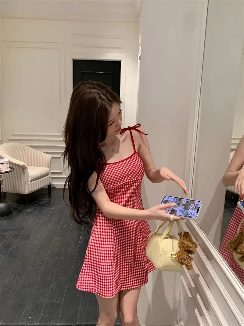 Women's Sweet Red & White Gingham Check A-Line Dress with Spaghetti Strap - Short to Mid-Length Flared Skirt, Round Neck Casual Summer Dress for Teens & Women, Machine Washable Outfit for Birthdays, Picnics & Casual Attire